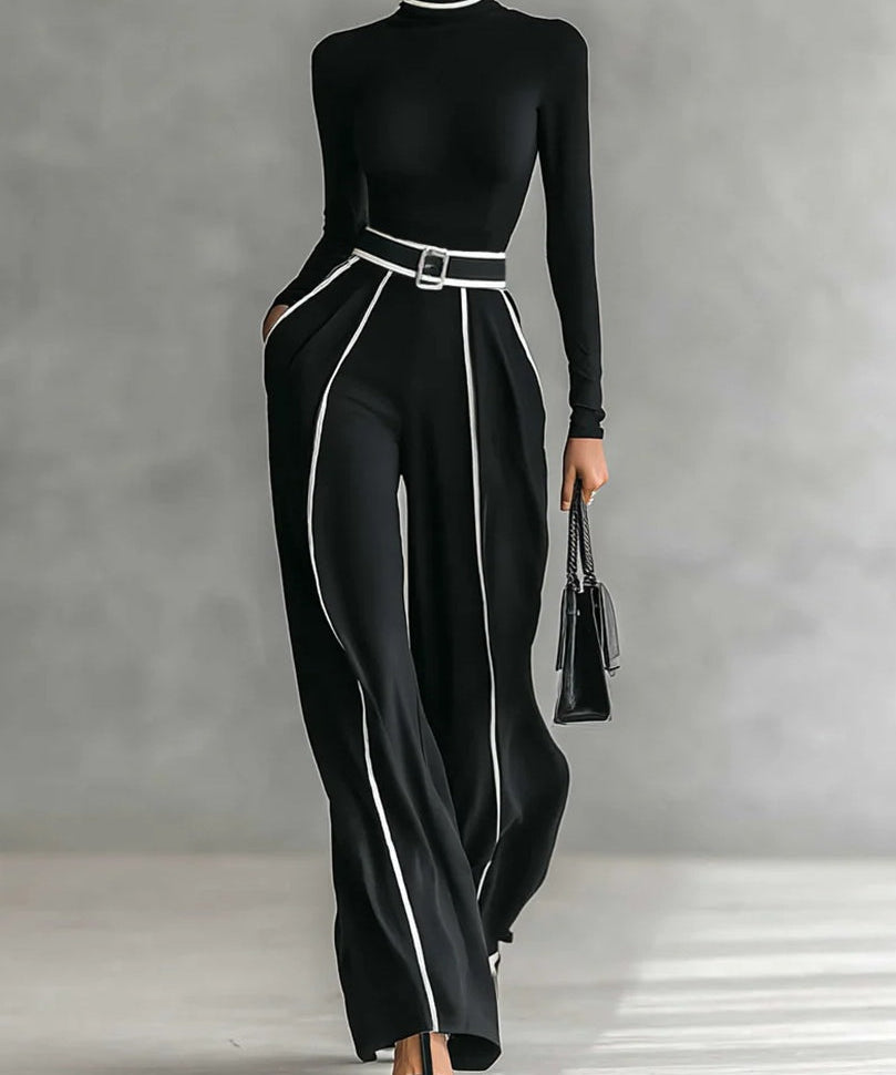 Emma | Elegantti kaksiosainen asu korkealla kauluksella ja leveillä housuilla