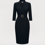 Nora | Viimeistelty Musta Mekko Vyöllä ja Mandarin-kauluksella