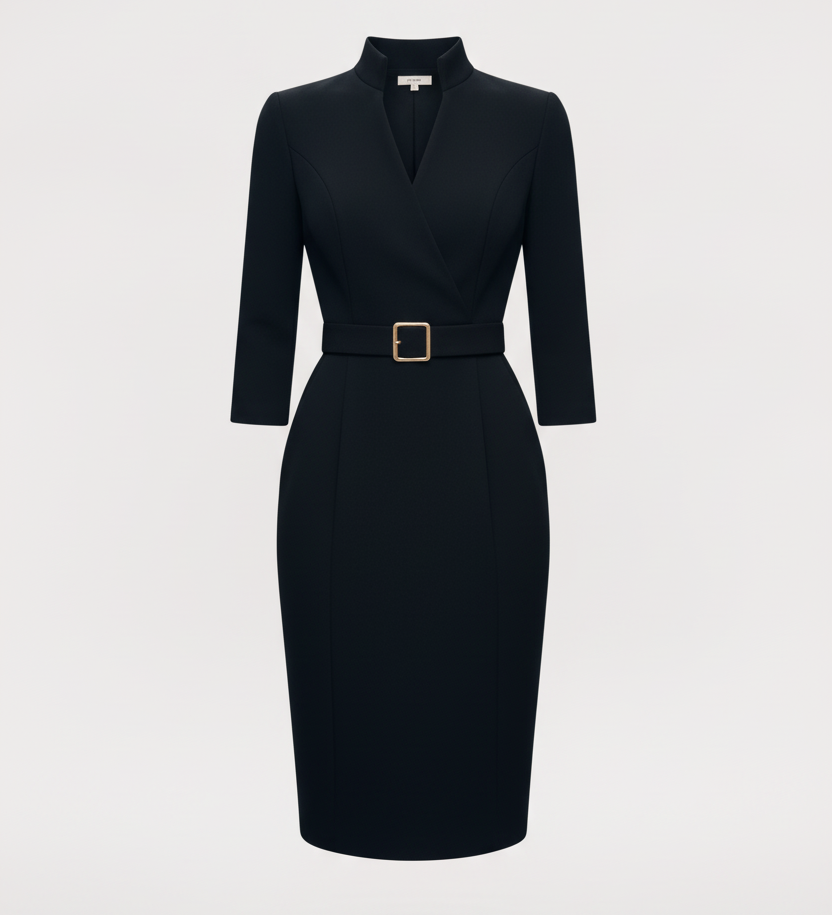 Nora | Viimeistelty Musta Mekko Vyöllä ja Mandarin-kauluksella