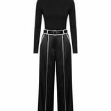 Nolia™ | Valkoinen Trim High-Neck Pitkähiha-Toppi leveälahkeisten housujen ja vyösetin kanssa